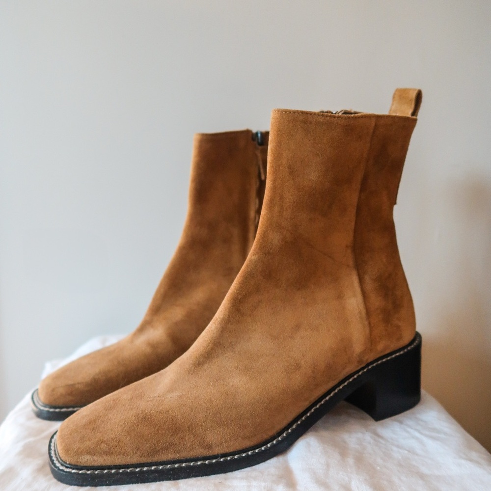 Everlane Tan Suede Square Toe Ankle Boots
